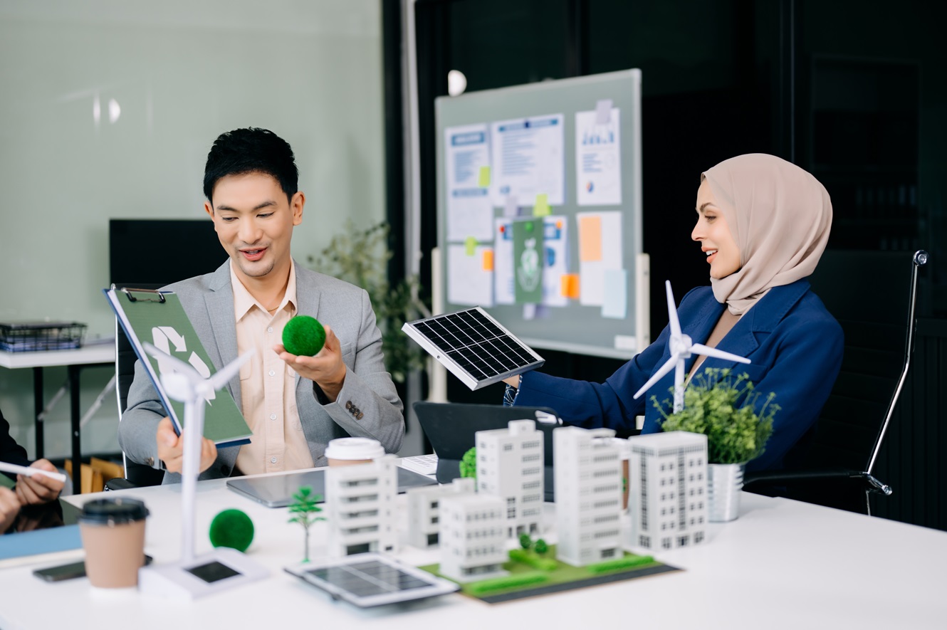 business team discussing sustainable investment opportunities